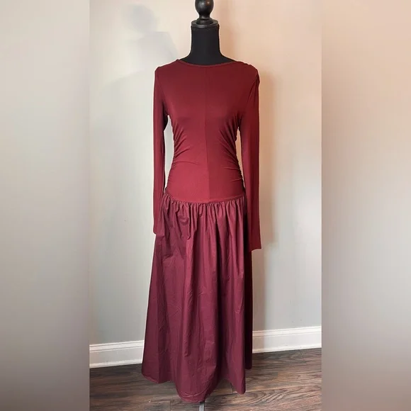 Commense Plain Long Sleeve Pleated Burgundy Dress - Picture 3 of 7